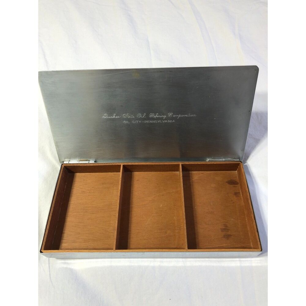 Vtg Quaker State Oil Refining Corp Metal Desk Trinket Box Wood Lining MCM Etched